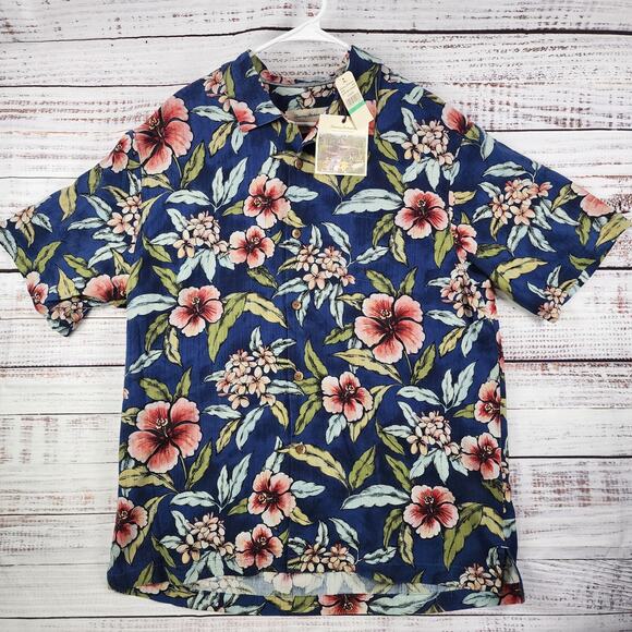 NWT Tommy Bahama Silk Shirt L Garden of Hope Courage Floral Blue Original Fit
